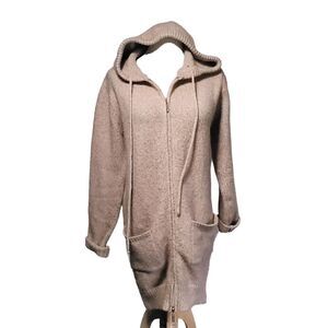 POL Chunky Knit Hooded Cardigan Cream Open Front Duster Womens M Style JST471